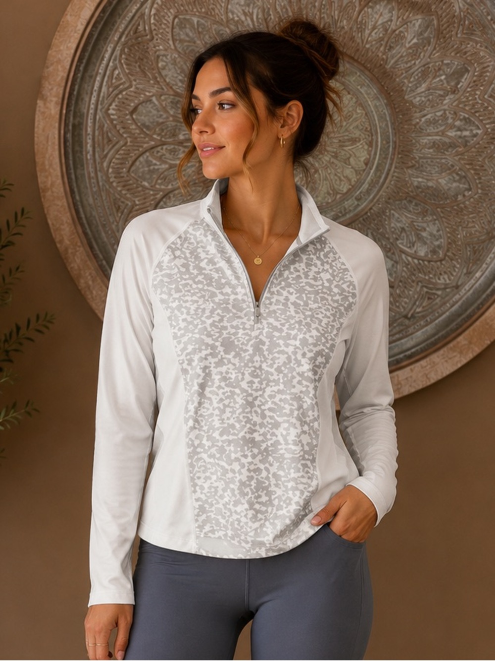 Dunning Golf Long-Sleeve Cream &  Gray Half-Zip Patterned Performance Top